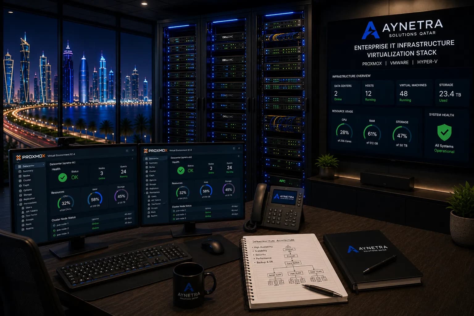 AYNETRA enterprise server racks with Proxmox virtualization dashboards