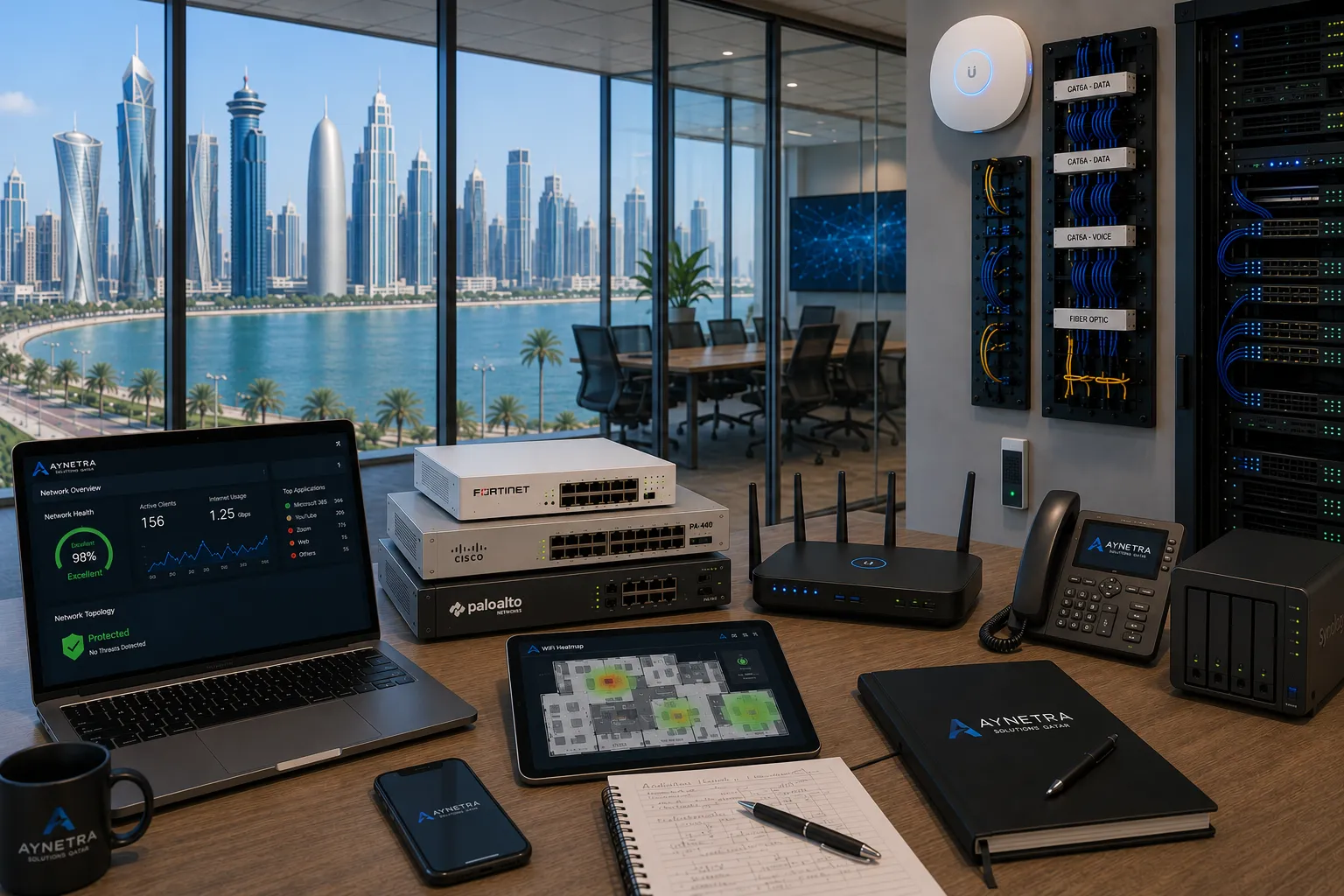AYNETRA business networking stack with firewall, switches and Wi-Fi heatmap