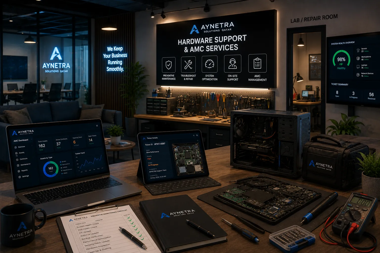 AYNETRA hardware support and AMC repair lab with diagnostics dashboards