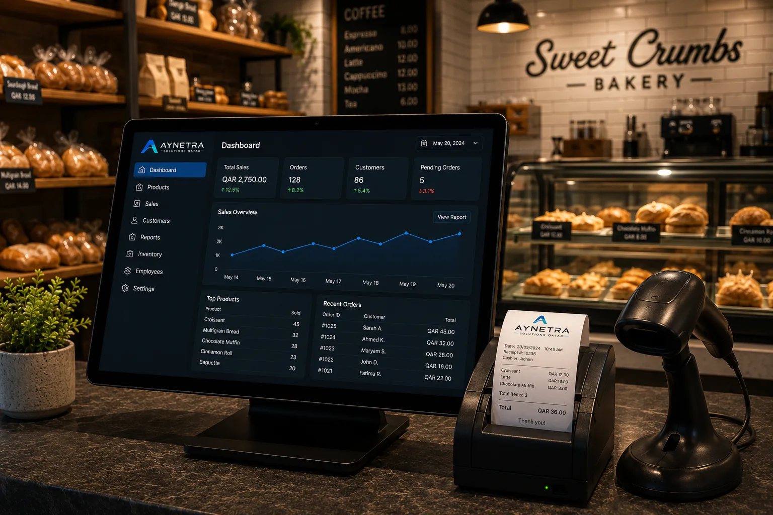 AYNETRA POS system at a bakery counter with receipt printer and barcode scanner